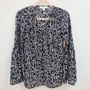 Michael Kors Women XS Nvy Rope Tassel Print Bell Sleeve Lace Up Chain Top Blouse